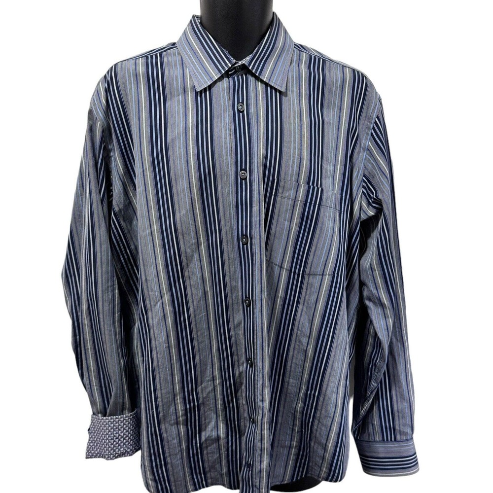 Bugatchi Uomo Long Sleeve Button Up Flip Cuff Striped Shirt Men’s Size XL